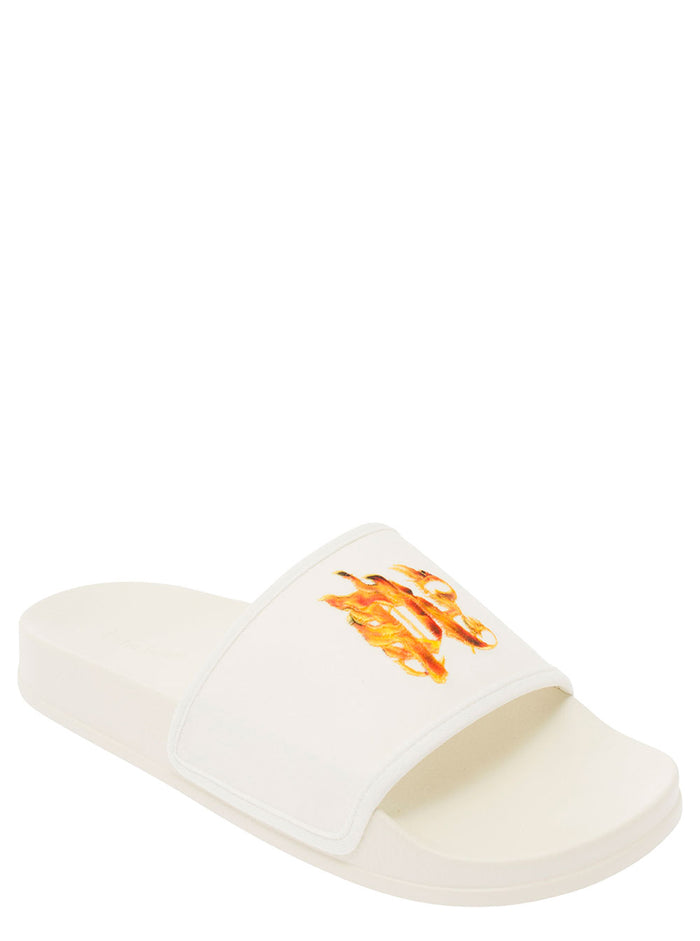 White Pool Slider With Flame Logo Detail Rubber Man Beige Polyester Flat Shoes