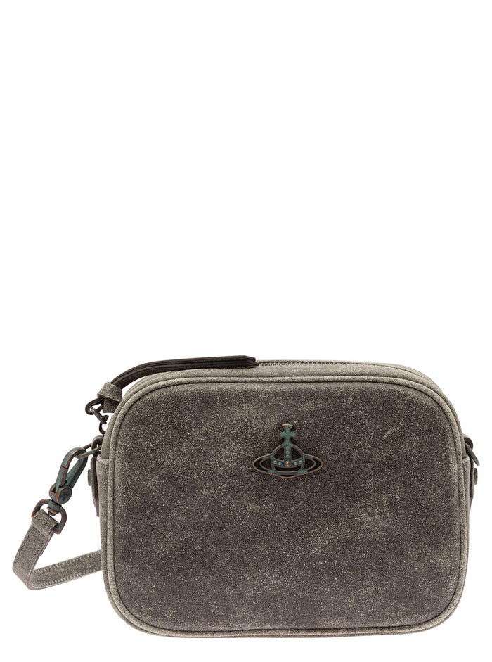 Anna Grey Shoulder Bag With Orb Detail Suede Man Calf Leather Crossbody