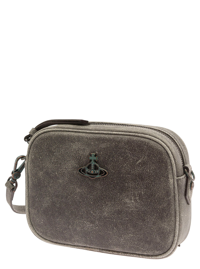 Anna Grey Shoulder Bag With Orb Detail Suede Man Calf Leather Crossbody