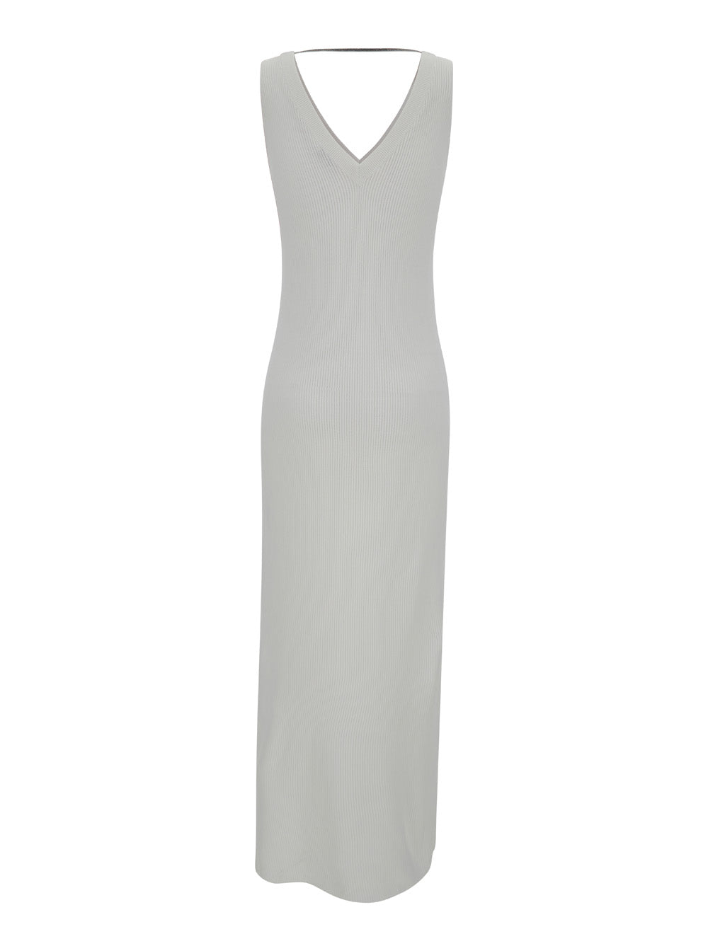 Maxi Ribbed White Dress With V Neckline Cotton Woman