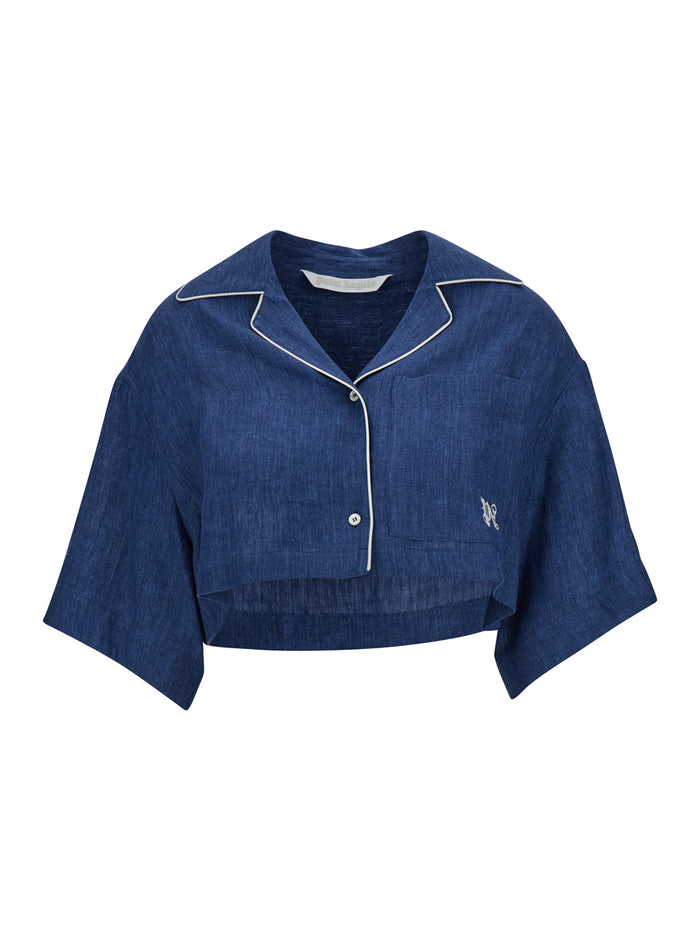 Blue Cropped Shirt With Embroidered Logo Linen Woman Blu And Blouses