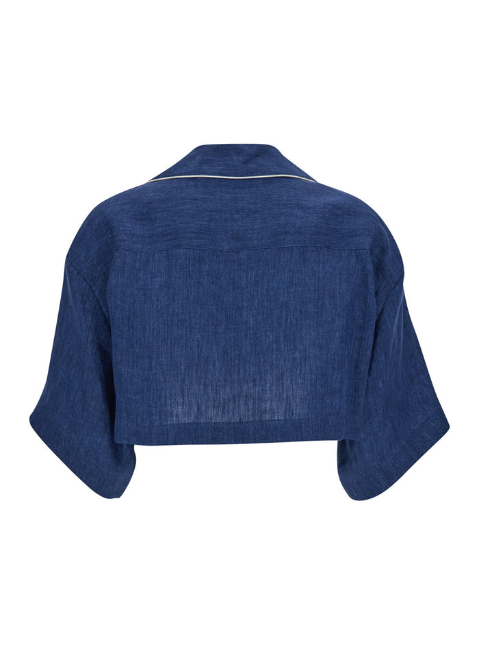Blue Cropped Shirt With Embroidered Logo Linen Woman Blu And Blouses