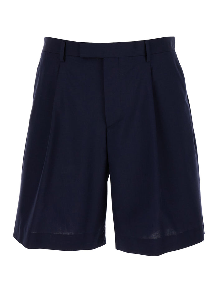 Blue Sartorial Bermuda Shorts With Pleated Details Wool & Cotton Blend Man Blu And