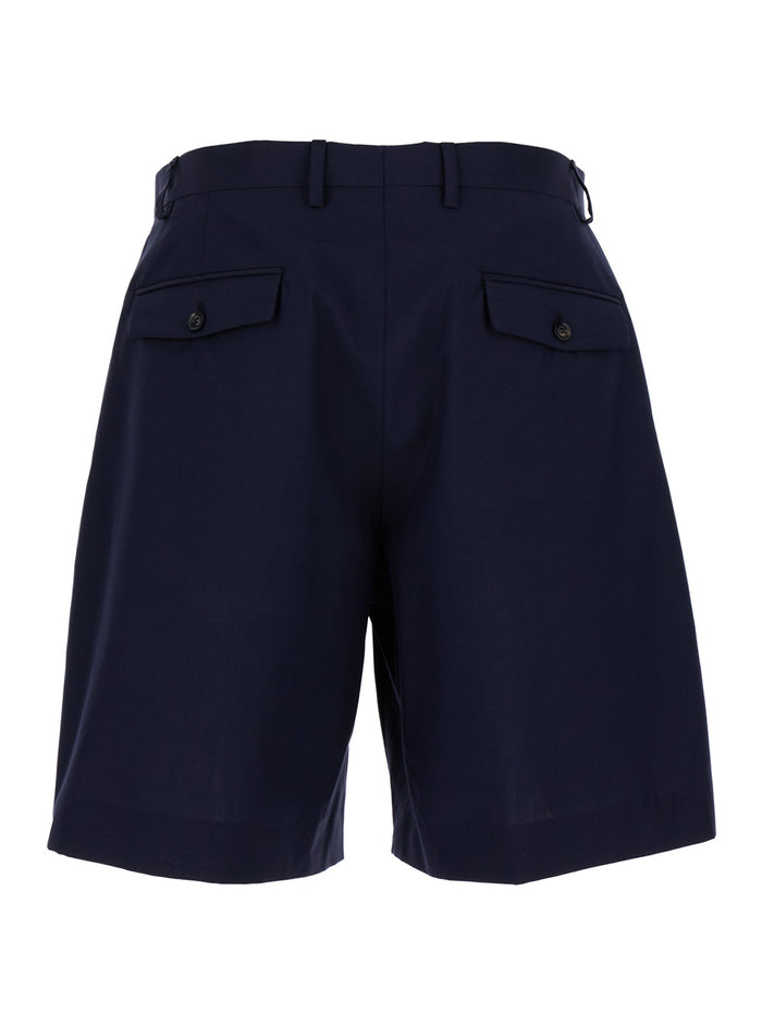 Blue Sartorial Bermuda Shorts With Pleated Details Wool & Cotton Blend Man Blu And