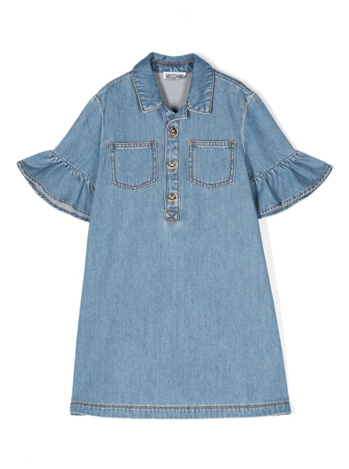 Blue Midi Dress With Frilled Sleeves Denim Girl Blu Cotton