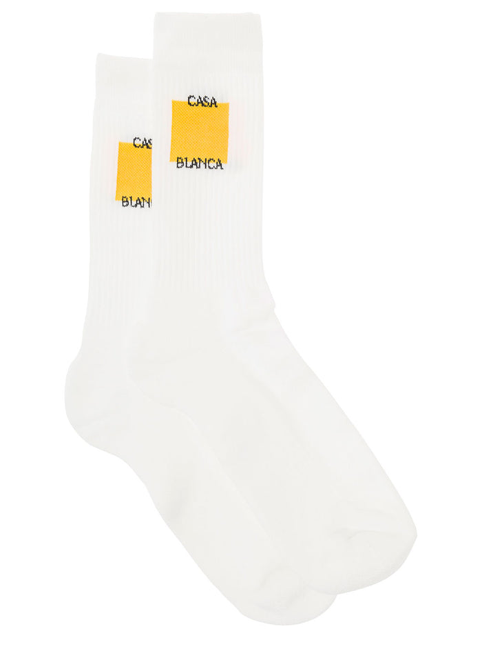 White High Socks With Logo Print Cotton Man Yellow Polyammide Spandex Underwear