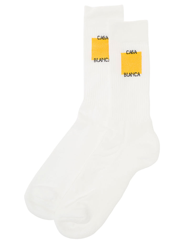 White High Socks With Logo Print Cotton Man Yellow Polyammide Spandex Underwear