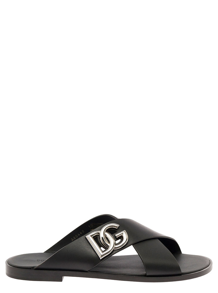 Black Sandals With Criss Cross Bands And Logo Detail Leather Man Calf Flat Shoes