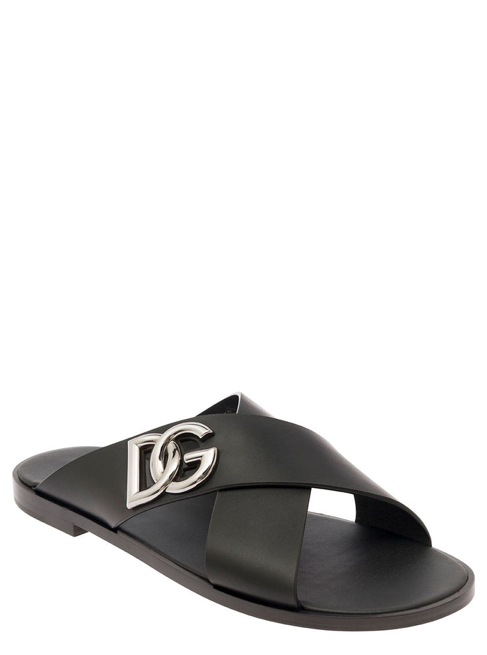 Black Sandals With Criss Cross Bands And Logo Detail Leather Man Calf Flat Shoes
