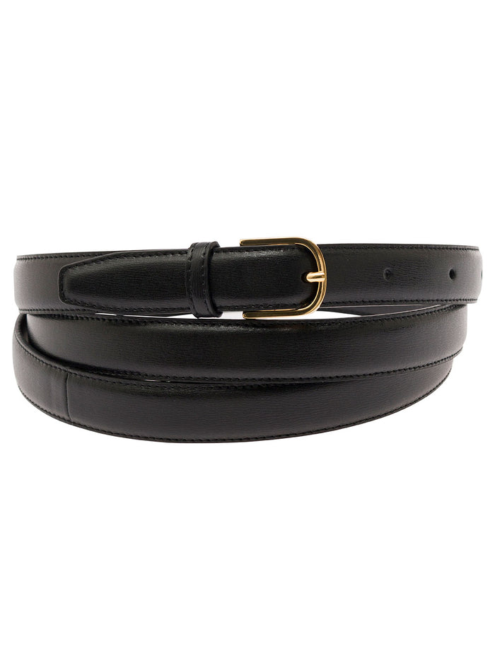 Black Wrap Belt With Gold Tone Buckle Leather Woman Cow