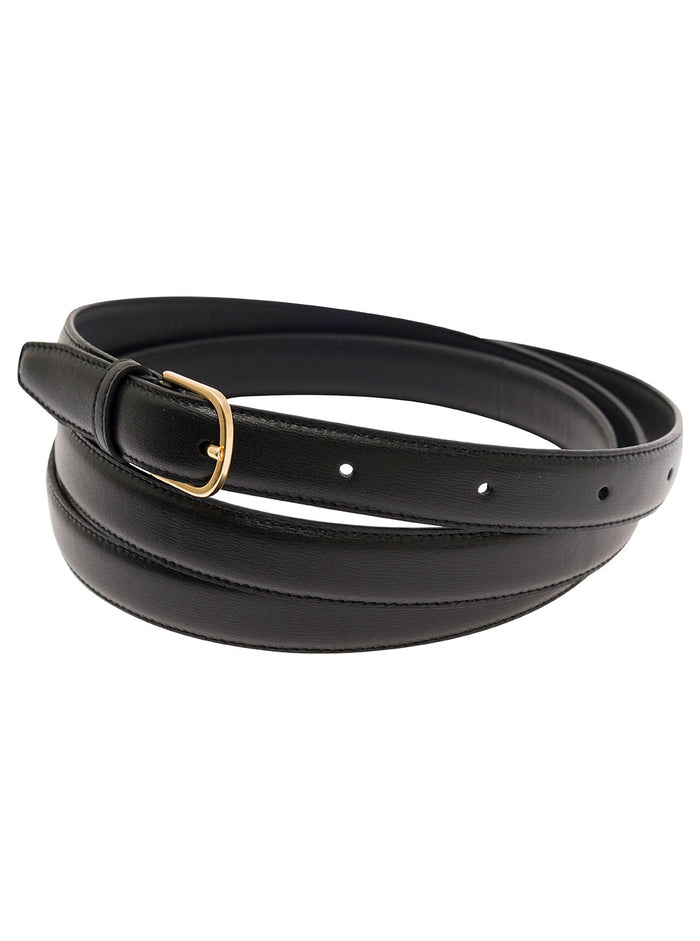 Black Wrap Belt With Gold Tone Buckle Leather Woman Cow