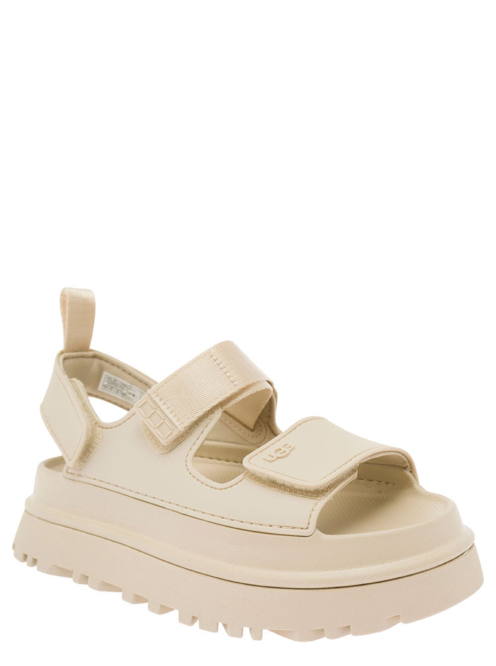 Beige Sandals With Logo And Platform Rubber Woman Synthetic Textile Flat Shoes