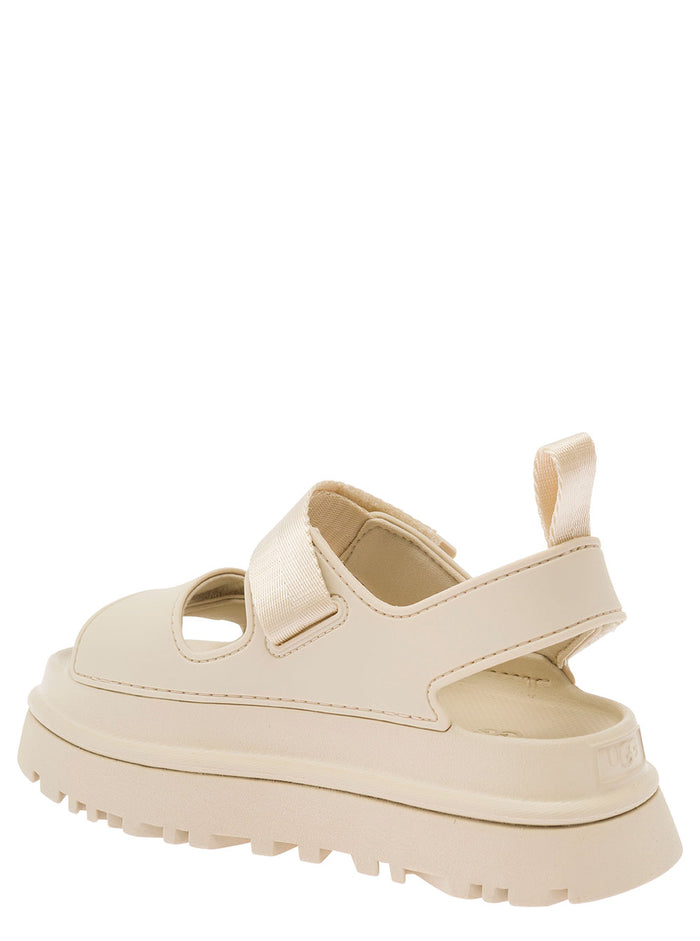 Beige Sandals With Logo And Platform Rubber Woman Synthetic Textile Flat Shoes