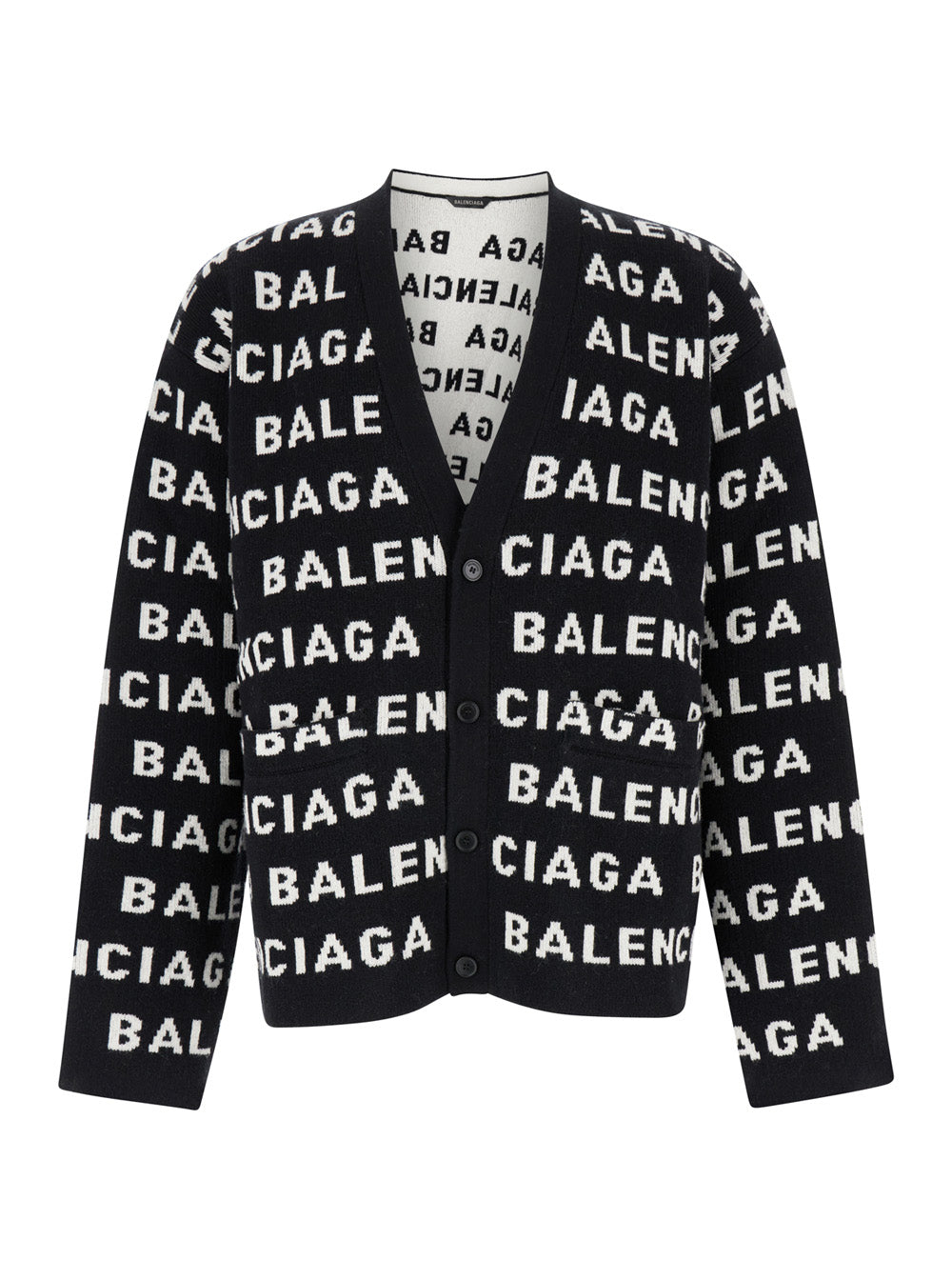 Black And White Cardigan With Logo Wool Man Polyamide Jersey