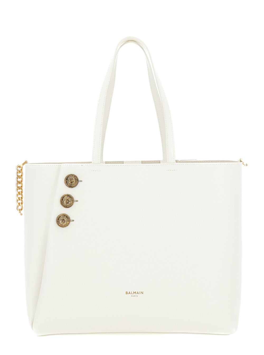 Emblème White Tote Bag With Balmain Coin Buttons And Logo Print Smooth Leather Woman Calf