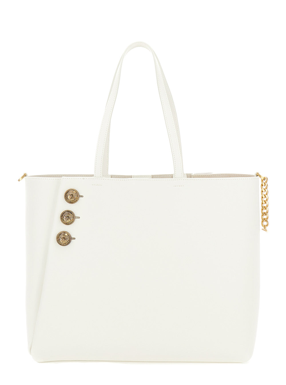 Emblème White Tote Bag With Balmain Coin Buttons And Logo Print Smooth Leather Woman Calf