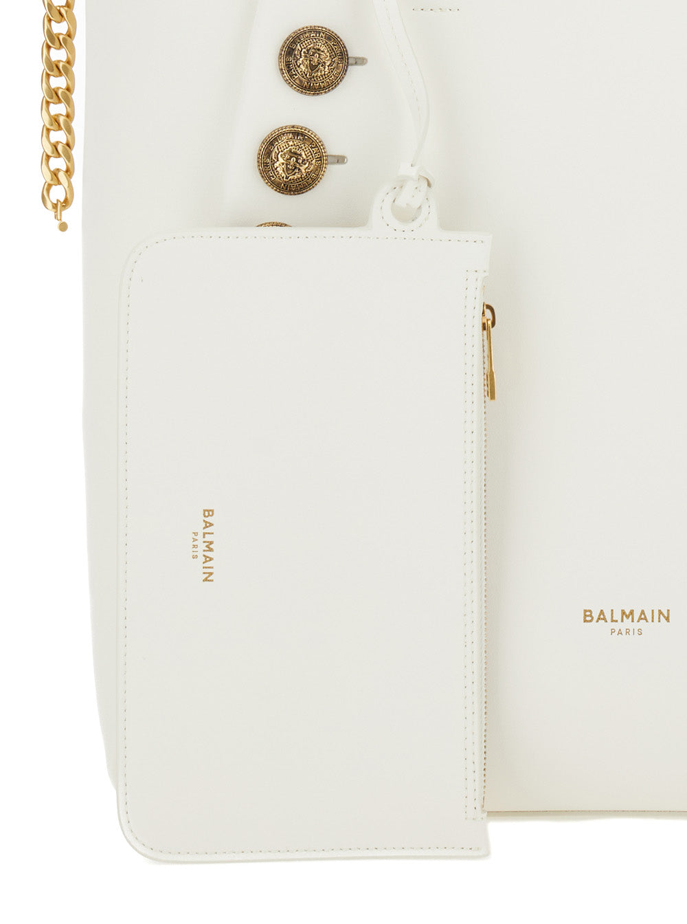 Emblème White Tote Bag With Balmain Coin Buttons And Logo Print Smooth Leather Woman Calf