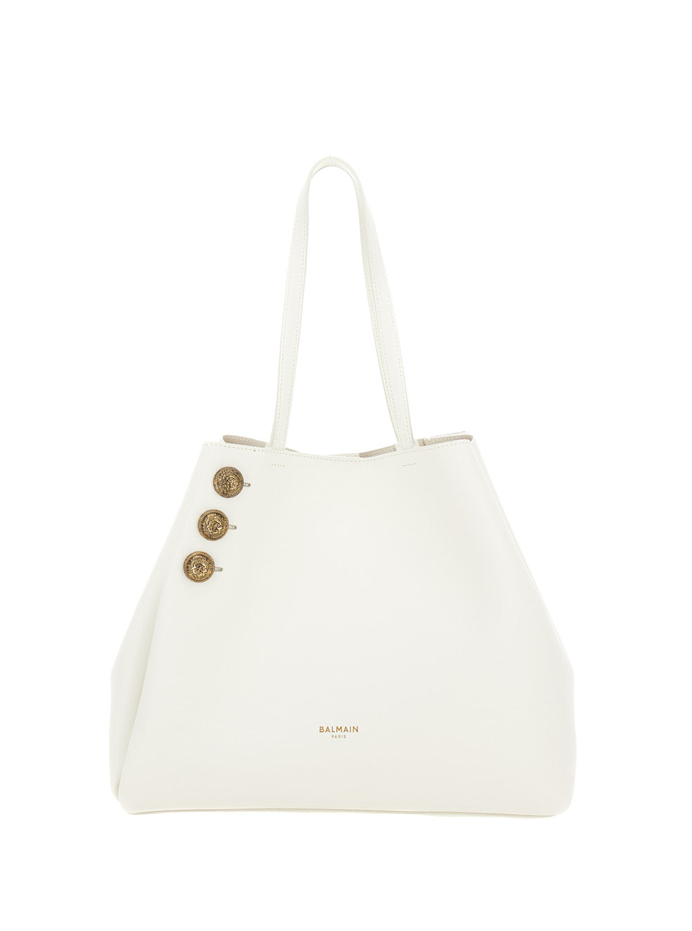 Emblème White Tote Bag With Balmain Coin Buttons And Logo Print Smooth Leather Woman Calf