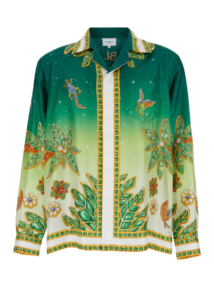 Multicolor Shirt All Over Printed Silk Man Green And Blouses