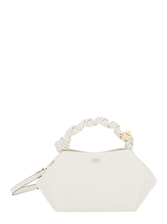 Ganni Bou White Handbag With Butterfly Logo And Hand-Braided Strands Leather Woman Hand Bags