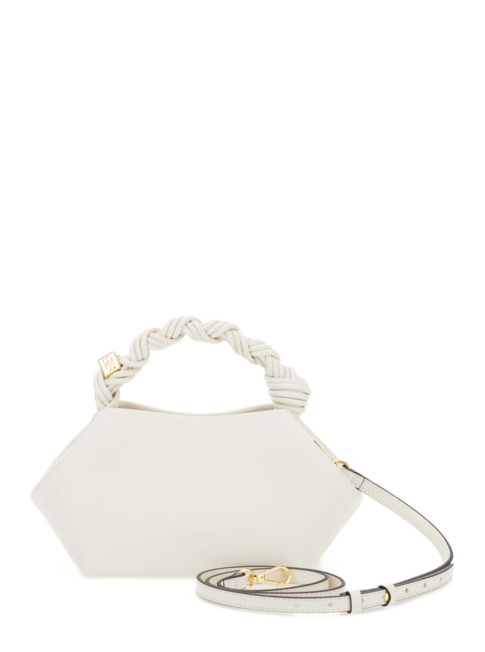 Ganni Bou White Handbag With Butterfly Logo And Hand-Braided Strands Leather Woman Hand Bags