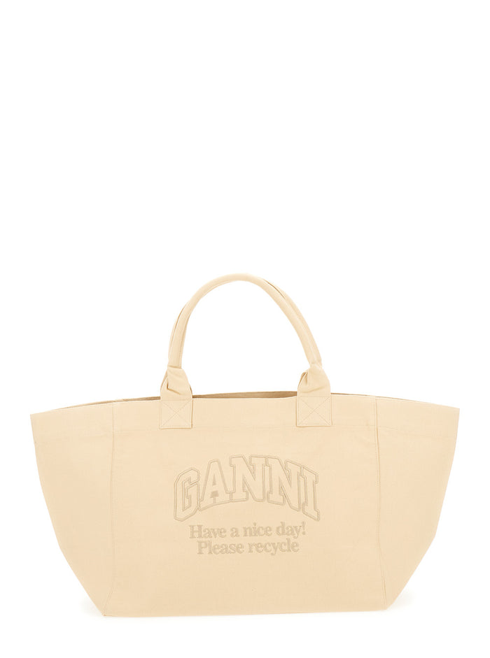 Xxl Beige Tote Bag With Tonal Embroidery Recycled Cotton Woman