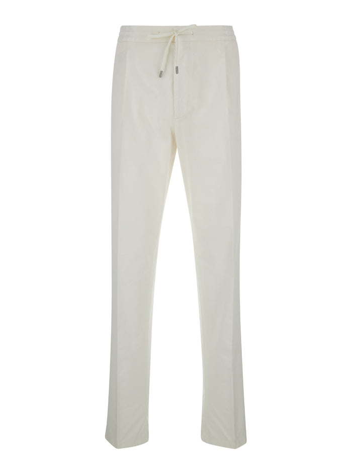 White Drawstring Tapered Trousers Cotton Blend Man Elastane