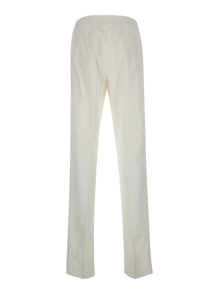 White Drawstring Tapered Trousers Cotton Blend Man Elastane