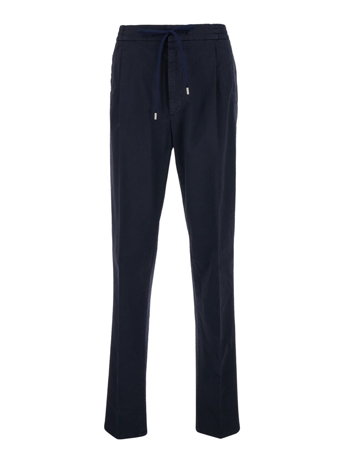 Blue Tapered Drawstring Trousers Cotton Blend Man Blu Elastane