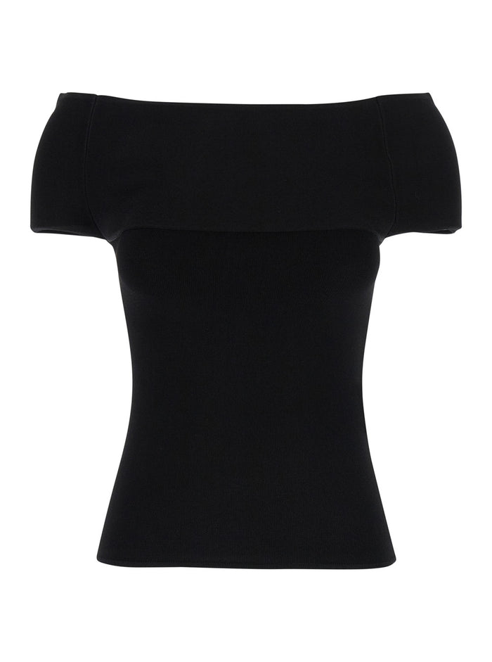 Black Off-Shoulder Fine Knit Top Viscose Blend Woman Tops