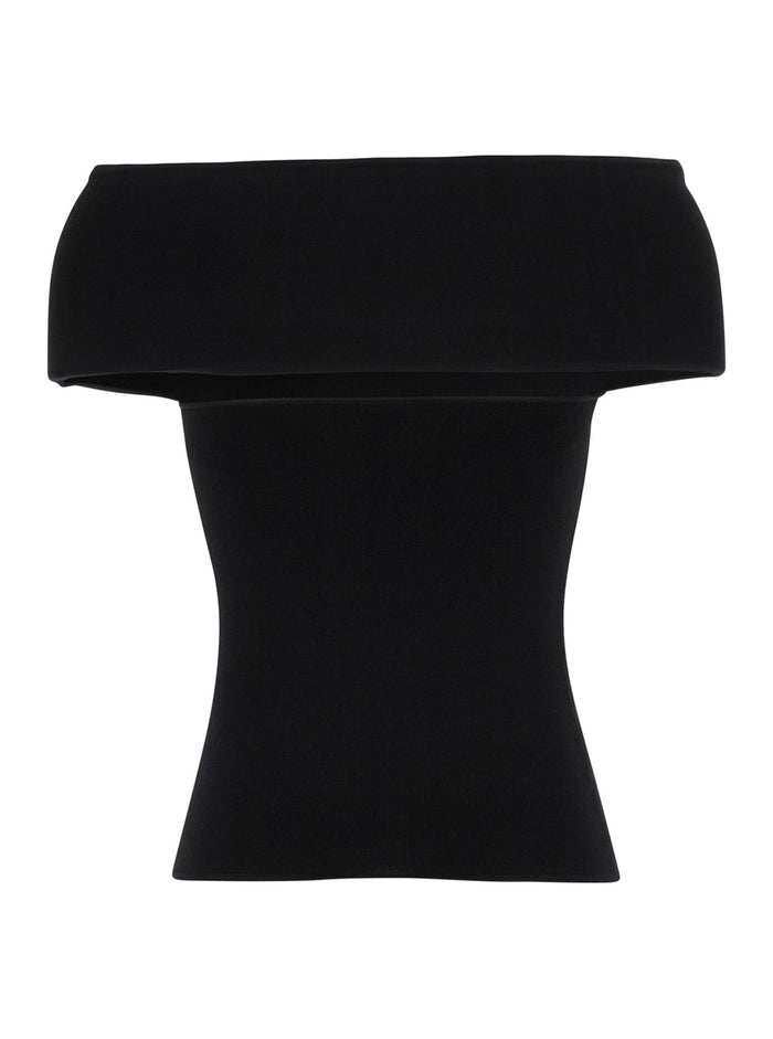 Black Off-Shoulder Fine Knit Top Viscose Blend Woman Tops