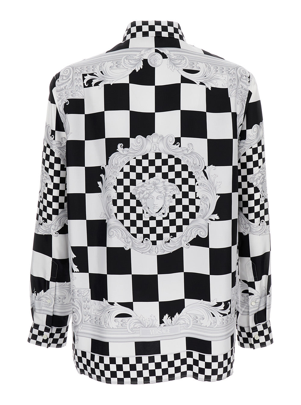 Black And White Chechered Shirt With Baroque Pattern Medusa Heas Silk Man Blouses