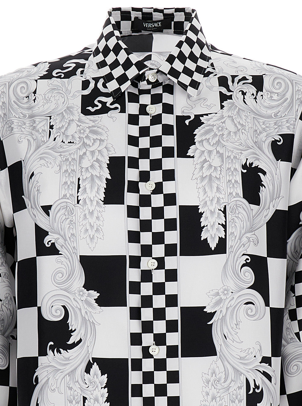 Black And White Chechered Shirt With Baroque Pattern Medusa Heas Silk Man Blouses