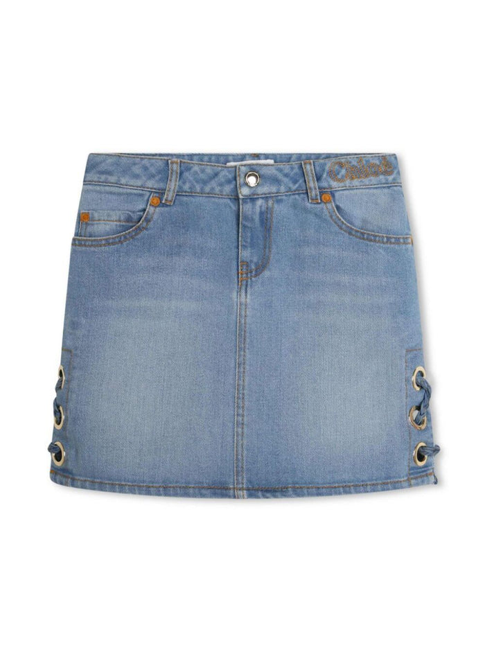 Mini Light Blue Skirt With Eyelets And Logo Embroidery Cotton Denim Girl