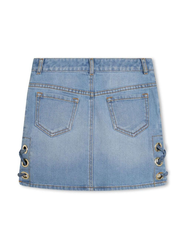 Mini Light Blue Skirt With Eyelets And Logo Embroidery Cotton Denim Girl