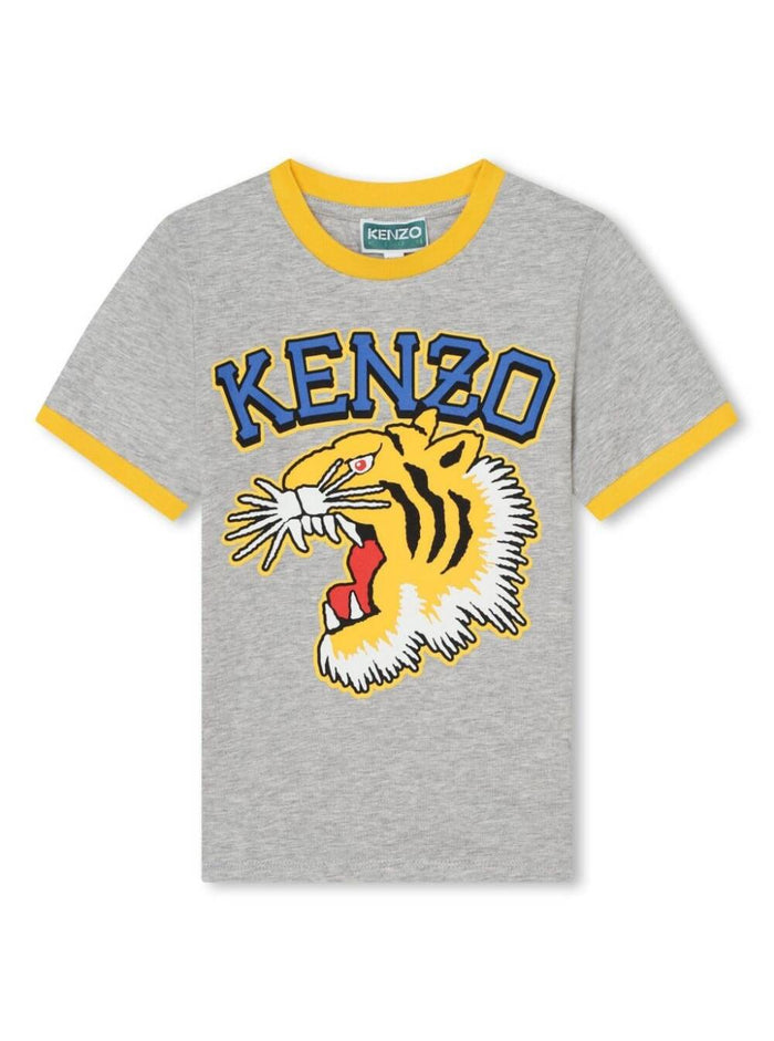 Grey T-Shirt With Tiger Patch Cotton Boy Tshirts And Polo Shirts
