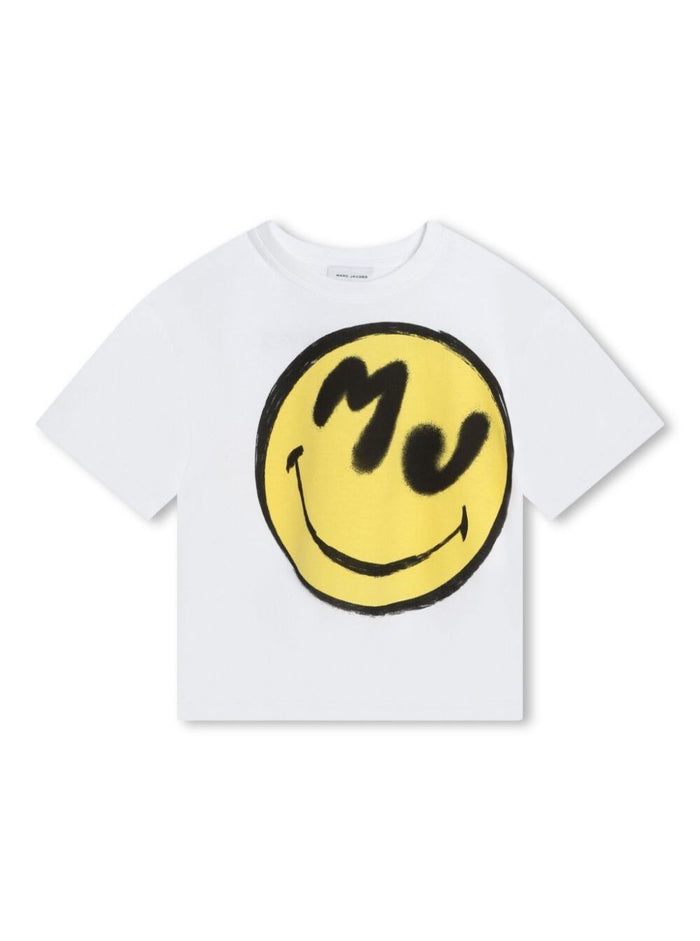 White Crewneck T-Shirt With Smile Print Cotton Boy Tshirts And Polo Shirts