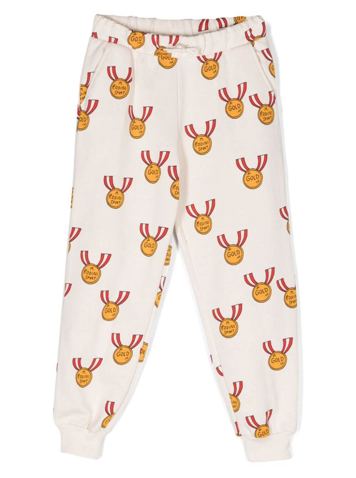 White Pants With All-Over Medals Print Cotton Girl Organic Trousers
