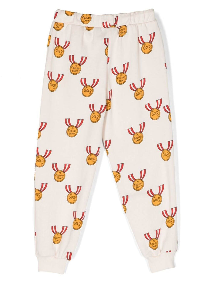 White Pants With All-Over Medals Print Cotton Girl Organic Trousers