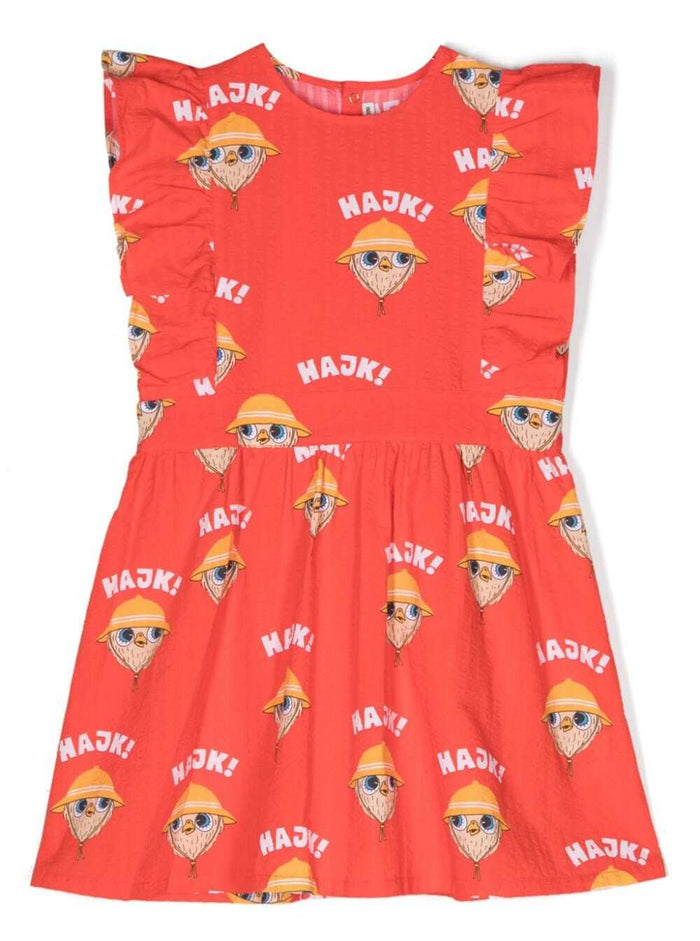 Red Dress With All-Over Owl Print And Ruffles Cotton Girl Organic