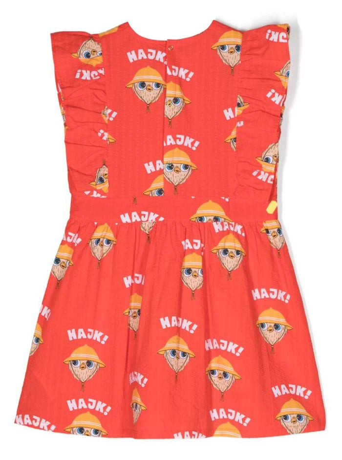 Red Dress With All-Over Owl Print And Ruffles Cotton Girl Organic