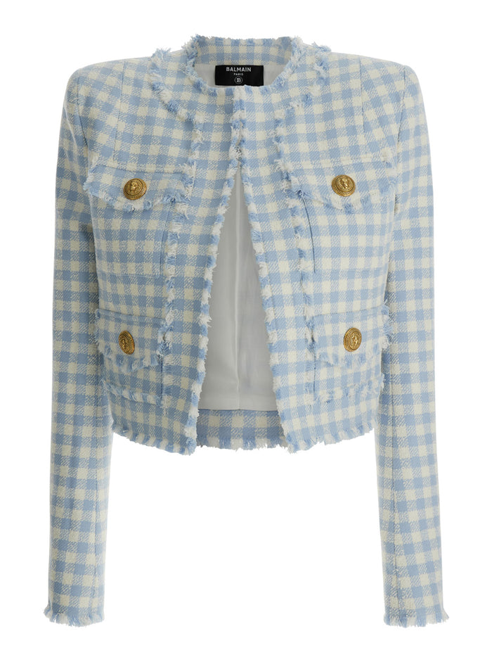 Light-Bluetweed Cropped Checkered Jacket Cotton Blend Woman Light Blue Polyamide Blazers
