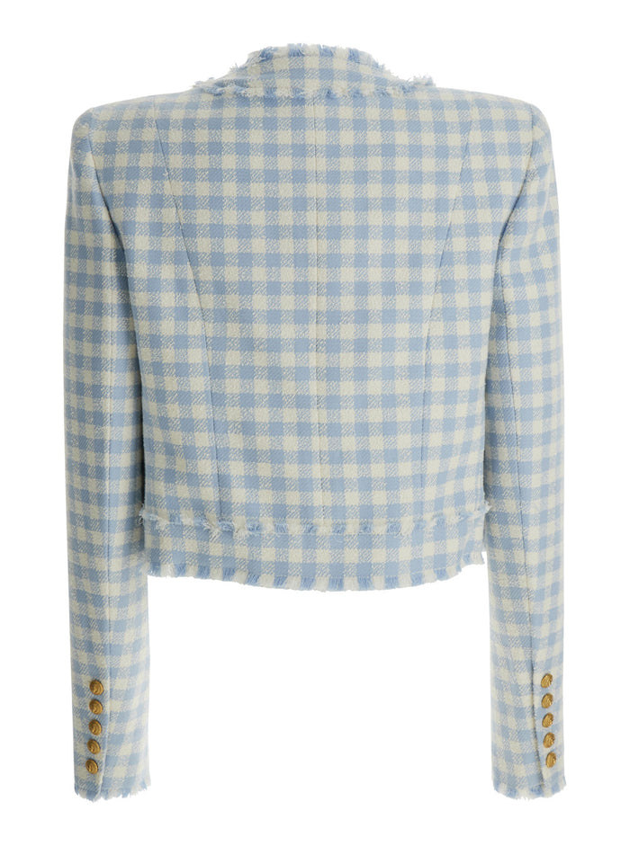 Light-Bluetweed Cropped Checkered Jacket Cotton Blend Woman Light Blue Polyamide Blazers