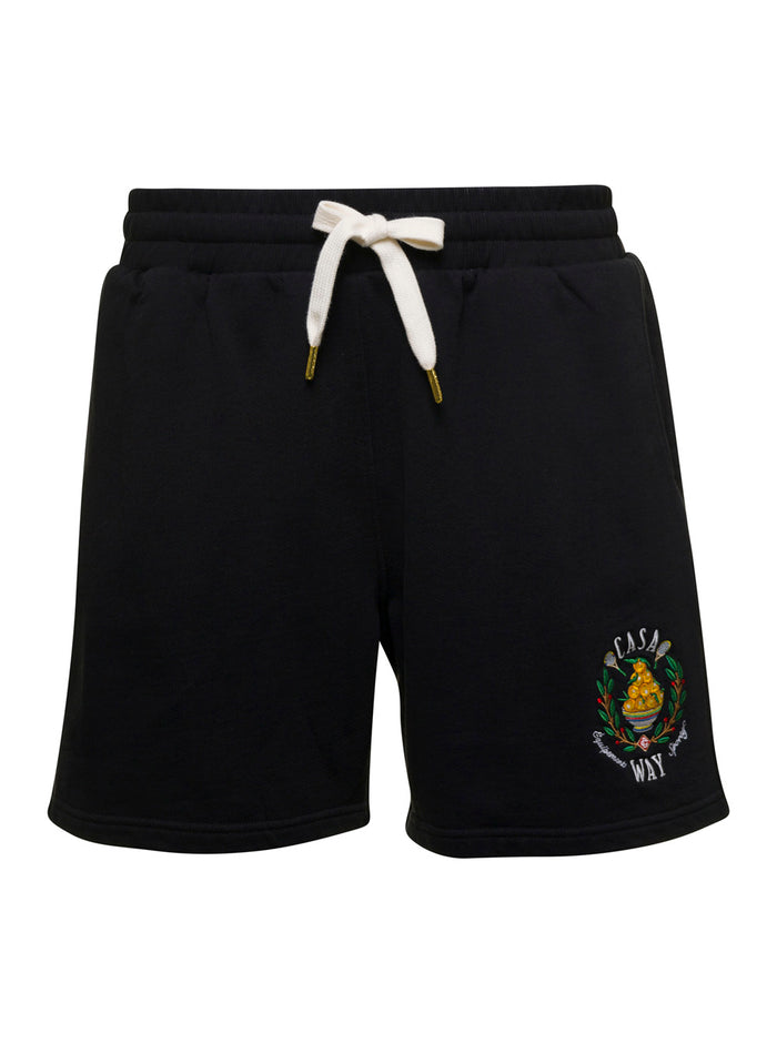 Black Track Shorts With Casa Way Embroidered Logo Cotton Man Organic And Bermuda