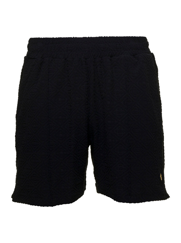 Black Monogram Pattern Track Shorts Technical Fabric Man Polyammide Elastan Beachwear