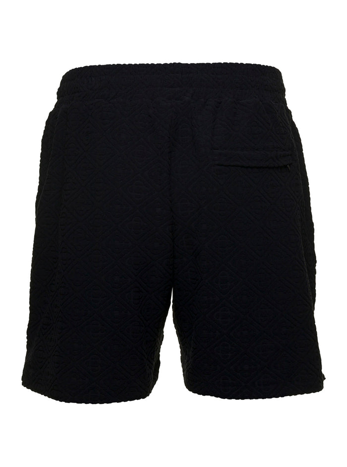 Black Monogram Pattern Track Shorts Technical Fabric Man Polyammide Elastan Beachwear