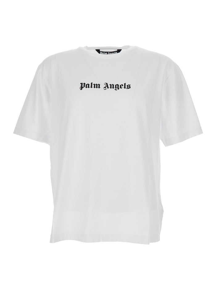 White T-Shirt With Palm Angels Logo Cotton Man Tshirts And Polo Shirts