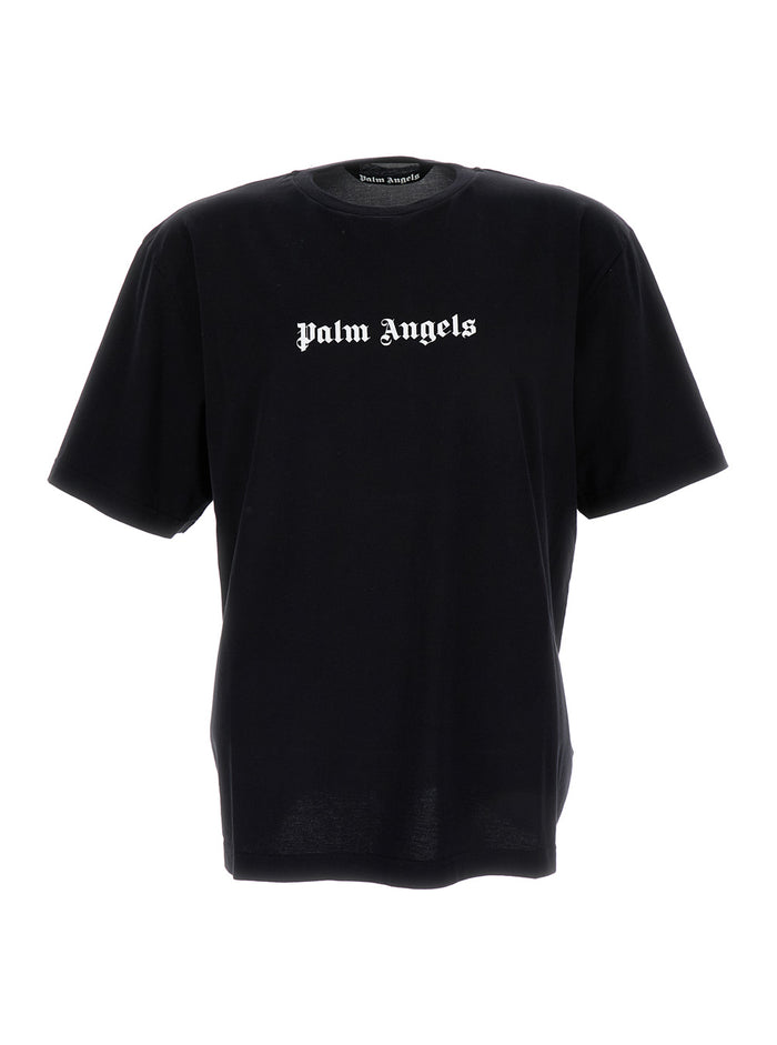 Black T-Shirt With Palm Angels Logo Cotton Man Tshirts And Polo Shirts