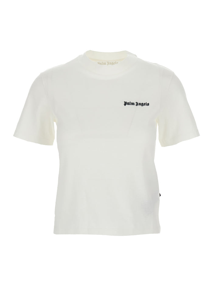 White Fitted Crewneck T-Shirt With Emboridered Logo Cotton Woman Tshirts And Polo Shirts