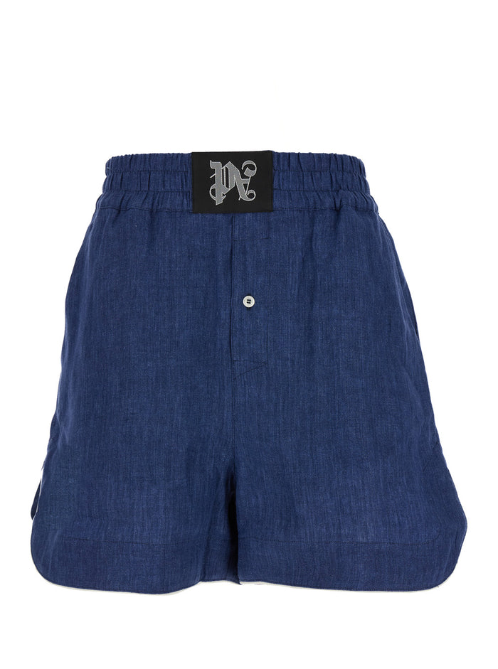Blue Shorts With Monogram Linen Woman Blu And Bermuda